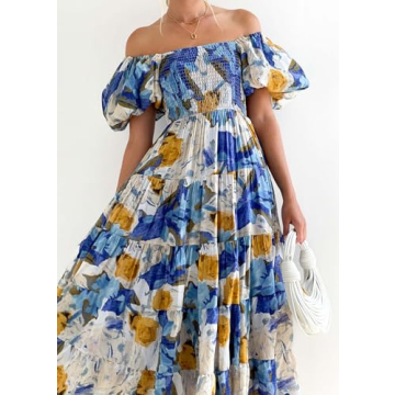 Womens Spring Summer Long Dresses Boho Floral Square Neck Midi Dress Puff Short Sleeve Tiered Maxi Dress Beach Sundress (Medium,Ice Blue Flowers)