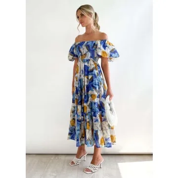 Womens Spring Summer Long Dresses Boho Floral Square Neck Midi Dress Puff Short Sleeve Tiered Maxi Dress Beach Sundress (Medium,Ice Blue Flowers)