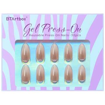 BTArtbox Press On Nails Medium Almond - Soft Gel Ombre Fake Nails with Glitters, French Tip Nails Reusable Glue On Nails Fake Nails Kit 15 Sizes, Glittering Champagne