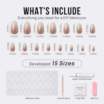 BTArtbox Press On Nails Medium Almond - Soft Gel Ombre Fake Nails with Glitters, French Tip Nails Reusable Glue On Nails Fake Nails Kit 15 Sizes, Glittering Champagne