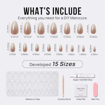 BTArtbox Press On Nails Medium Almond - Soft Gel Ombre Fake Nails with Glitters, French Tip Nails Reusable Glue On Nails Fake Nails Kit 15 Sizes, Glittering Champagne