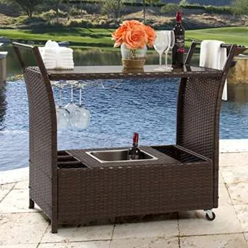 Best Choice Products Outdoor Rolling Wicker Bar Cart w/Removable Ice Bucket, Glass Countertop, Wine ...