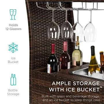 Best Choice Products Outdoor Rolling Wicker Bar Cart w/Removable Ice Bucket, Glass Countertop, Wine Glass Holders, Storage Compartments - Brown