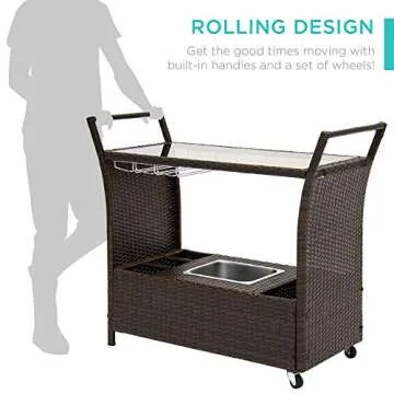 Best Choice Products Outdoor Rolling Wicker Bar Cart w/Removable Ice Bucket, Glass Countertop, Wine Glass Holders, Storage Compartments - Brown