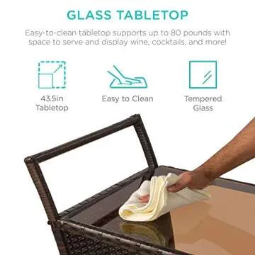Best Choice Products Outdoor Rolling Wicker Bar Cart w/Removable Ice Bucket, Glass Countertop, Wine Glass Holders, Storage Compartments - Brown