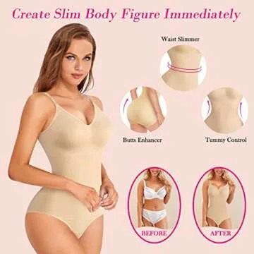 Nebility Women Waist Trainer Bodysuit Slim Full Body Shapewear Seamless Jumpsuits Tummy Control Tops (3XL/4XL, Beige V Neck Bodysuit)