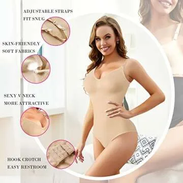 Nebility Women Waist Trainer Bodysuit Slim Full Body Shapewear Seamless Jumpsuits Tummy Control Tops (3XL/4XL, Beige V Neck Bodysuit)