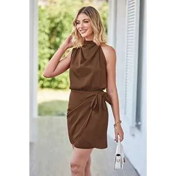PRETTYGARDEN Women's Short Formal Satin Dress Summer Sleeveless Mock Neck Tie Waist Cocktail Party Dresses (Dark Brown,Small)