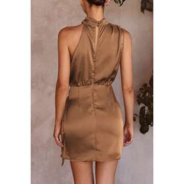 PRETTYGARDEN Women's Short Formal Satin Dress Summer Sleeveless Mock Neck Tie Waist Cocktail Party Dresses (Dark Brown,Small)