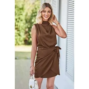 PRETTYGARDEN Women's Short Formal Satin Dress Summer Sleeveless Mock Neck Tie Waist Cocktail Party Dresses (Dark Brown,Small)