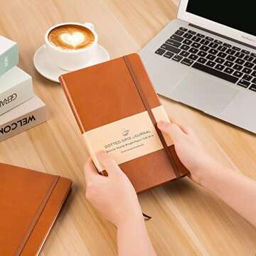 Dotted Grid Notebook/Journal - Dot Grid Hard Cover Notebook, Premium Thick Paper with Fine Inner Pocket, Brown Smooth Faux Leather, 5''×8.25''