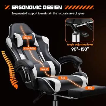 Sweetcrispy Video Game Desk Chair - Ergonomic Computer with Footrest and Comfy Lumbar Support, PU Leather Recliner with Headrest, Fixed Up Armrest, Height Adjustable with 360° Swivel, White, Adults