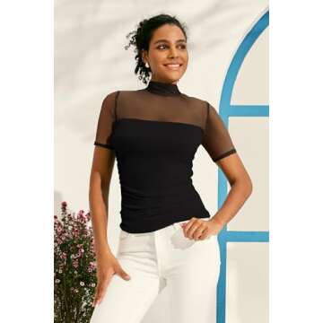 MIHOLL Summer Tops for Women 2024 Sexy Sheer Sleeve Mesh Top Mock Neck Date Night Tee Shirts (Black, Medium)