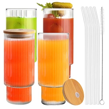 Vozoka Ribbed Glasses, 16 Oz Vintage Drinking Glasses with Lids and Straws Set of 4, Clear Fluted Gl...