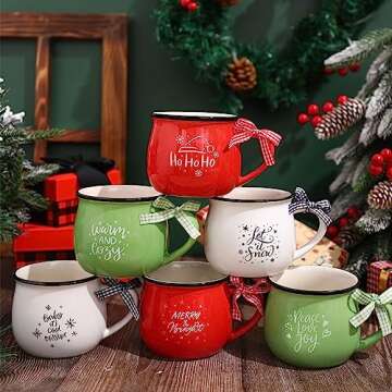 Sawysine Christmas Coffee Mugs Set of 6, 12 oz Ceramic Mug Gift Holiday Hot Cocoa for Mom Woman Family Friend Farmhouse Tiered Tray Decor Bar