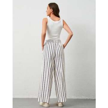 Ymejia Womens Wide Leg Striped Pants Loose Fit Drawstring Comfy High Waist Striped Lounge Pants with...