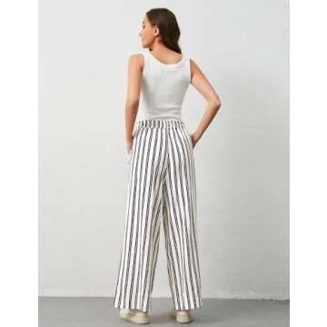 Ymejia Womens Wide Leg Striped Pants Loose Fit Drawstring Comfy High Waist Striped Lounge Pants with...