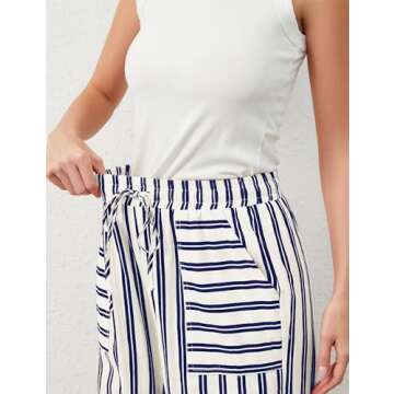 Ymejia Womens Wide Leg Striped Pants Loose Fit Drawstring Comfy High Waist Striped Lounge Pants with Pockets Blue White