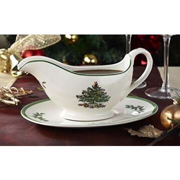 Spode Christmas Tree 9 Oz Gravy Boat and Stand - Festive Porcelain Sauce Boat with Tray for Holiday ...