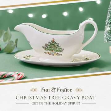 Spode Christmas Tree 9 Oz Gravy Boat and Stand - Festive Porcelain Sauce Boat with Tray for Holiday Gatherings, Holiday Serveware for Gravy, Sauces, Syrups - Microwave, Dishwasher, Freezer, Oven Safe