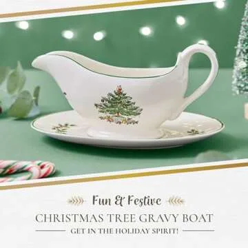Spode Christmas Tree 9 Oz Gravy Boat and Stand - Festive Porcelain Sauce Boat with Tray for Holiday Gatherings, Holiday Serveware for Gravy, Sauces, Syrups - Microwave, Dishwasher, Freezer, Oven Safe