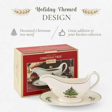 Spode Christmas Tree 9 Oz Gravy Boat and Stand - Festive Porcelain Sauce Boat with Tray for Holiday Gatherings, Holiday Serveware for Gravy, Sauces, Syrups - Microwave, Dishwasher, Freezer, Oven Safe