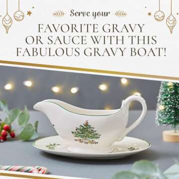 Spode Christmas Tree 9 Oz Gravy Boat and Stand - Festive Porcelain Sauce Boat with Tray for Holiday Gatherings, Holiday Serveware for Gravy, Sauces, Syrups - Microwave, Dishwasher, Freezer, Oven Safe