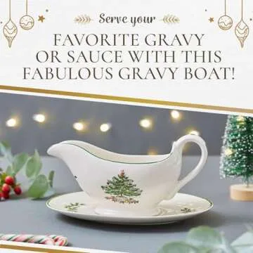 Spode Christmas Tree 9 Oz Gravy Boat and Stand - Festive Porcelain Sauce Boat with Tray for Holiday Gatherings, Holiday Serveware for Gravy, Sauces, Syrups - Microwave, Dishwasher, Freezer, Oven Safe
