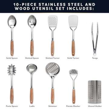 Home Hero 10 Pcs Stainless Steel Cooking Utensils, Stainless Steel Utensils Set, Stainless Steel Kitchen Utensils, Stainless Steel Cooking Utensils Set, Wood Metal Cooking Utensils Set (Silver)