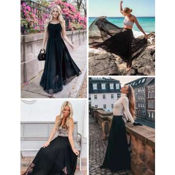 v28 Women Retro High Waisted Chiffon Maxi Skirt in Black