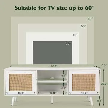 DMIDYLL Farmhouse TV Stand for 55/65 Inch TVs, Mid Century Modern TV Stand with Rattan Doors, Boho TV Console with Storage, White Entertainment Center for Living Room