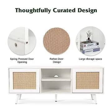 DMIDYLL Farmhouse TV Stand for 55/65 Inch TVs, Mid Century Modern TV Stand with Rattan Doors, Boho TV Console with Storage, White Entertainment Center for Living Room