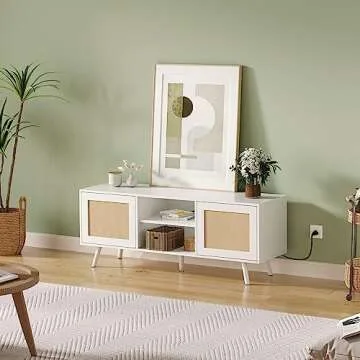 DMIDYLL Farmhouse TV Stand for 55/65 Inch TVs, Mid Century Modern TV Stand with Rattan Doors, Boho TV Console with Storage, White Entertainment Center for Living Room