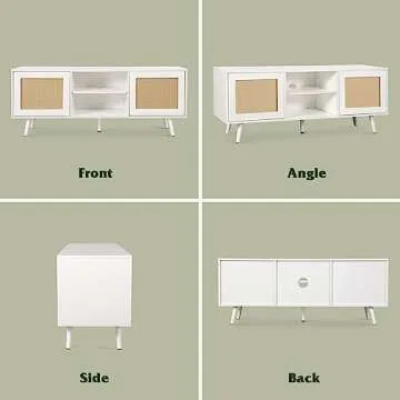 DMIDYLL Farmhouse TV Stand for 55/65 Inch TVs, Mid Century Modern TV Stand with Rattan Doors, Boho TV Console with Storage, White Entertainment Center for Living Room