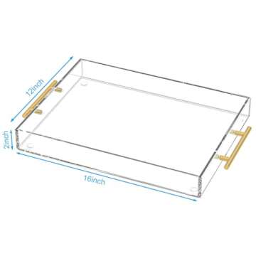 HIIMIEI Acrylic Serving Tray 12x16 Inch, Clear Trays with Gold Handles, Decorative able Tray for Cof...