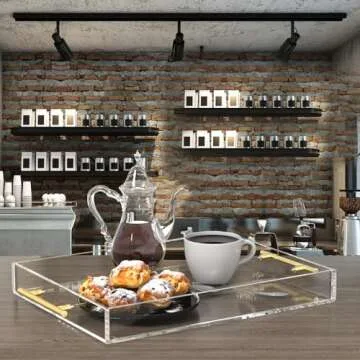 HIIMIEI Acrylic Serving Tray 12x16 Inch, Clear Trays with Gold Handles, Decorative able Tray for Coffee, Appetizer, Breakfast, Bathroom, Vanity