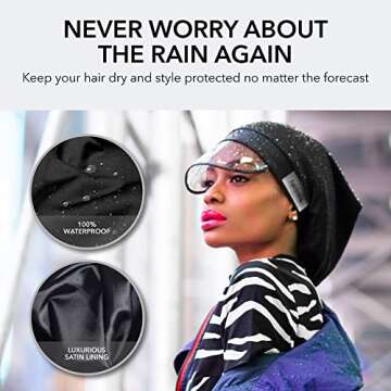 Hairbrella XL Women’s Rain Hat, Waterproof, Sun Protection, Satin-Lined, Packable, for Voluminous ...