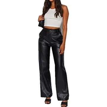 Pengnight Women's High Waist Faux Black PU Leather Pants