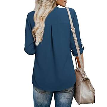 Gaharu Women's Blouses 3/4 Sleeve Work Shirt Chiffon Tunic Top Office Wear Blue,S