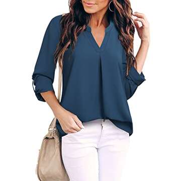 Gaharu Women's Blouses 3/4 Sleeve Work Shirt Chiffon Tunic Top Office Wear Blue,S