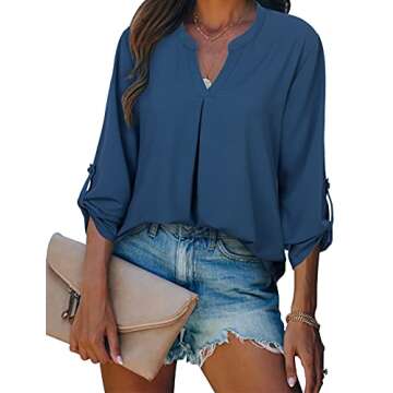 Gaharu Women's Blouses 3/4 Sleeve Work Shirt Chiffon Tunic Top Office Wear Blue,S