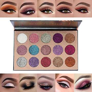BestLand 15 Colors Glitter Eyeshadow Palette Shimmer Ultra Pigmented Makeup Eye Shadow Powder Long L...