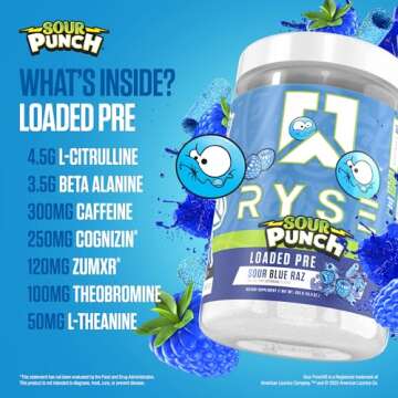 Ryse Loaded Pre Workout Powder Supplement for Men & Women | Pumps, Energy, Focus | Beta Alanine + Citrulline | 390mg Caffeine | 30 Servings (Sour Punch Blue Raz)