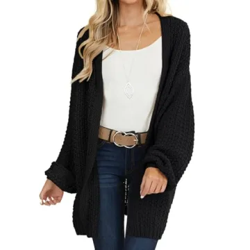 MEROKEETY Women's 2024 Fall Open Front Chunky Knit Sweater - Oversized Cardigan, Black, Small