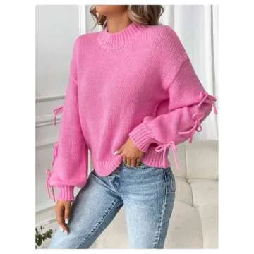 MakeMeChic Women's Long Sleeve Sweater Bow Knot Mock Neck Drop Shoulder Knitted Pullovers Top Pink Medium