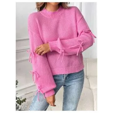 MakeMeChic Women's Long Sleeve Sweater Bow Knot Mock Neck Drop Shoulder Knitted Pullovers Top Pink Medium