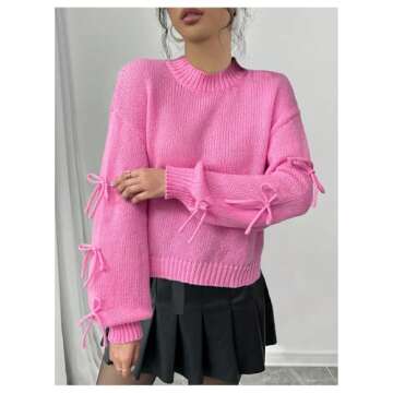 MakeMeChic Women's Long Sleeve Sweater Bow Knot Mock Neck Drop Shoulder Knitted Pullovers Top Pink Medium