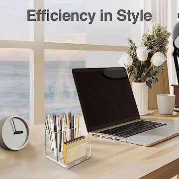 CLASSIC ACRYLIC Pen Organizer for Desk-A Modern Desk Accessory w/a Removable Divider is Great as a Pen & Makeup Brush Holder-This Chic Acrylic Storage Stand Makes a Great Gift for Home/Work Space