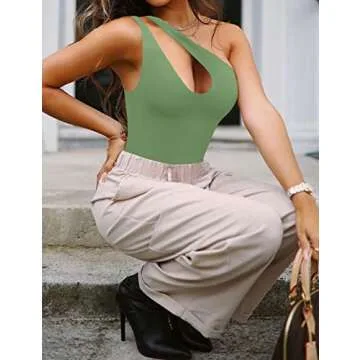 SAUNGKUAI Women's Sexy One Shoulder Sleeveless Cutout Thong Bodysuit Tank Top Body Suits V Backless Tummy Control Shapewear Olivegreen S