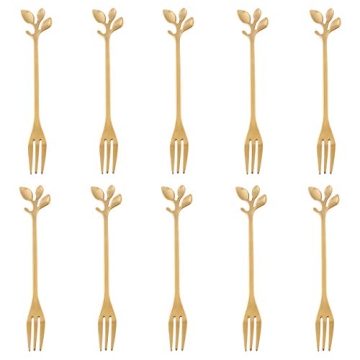 AnSaw 10-Piece Gold Mini Leaf Dessert Forks Set - 4.7" Elegant Stainless Steel Fruit, Appetizer, Cak...